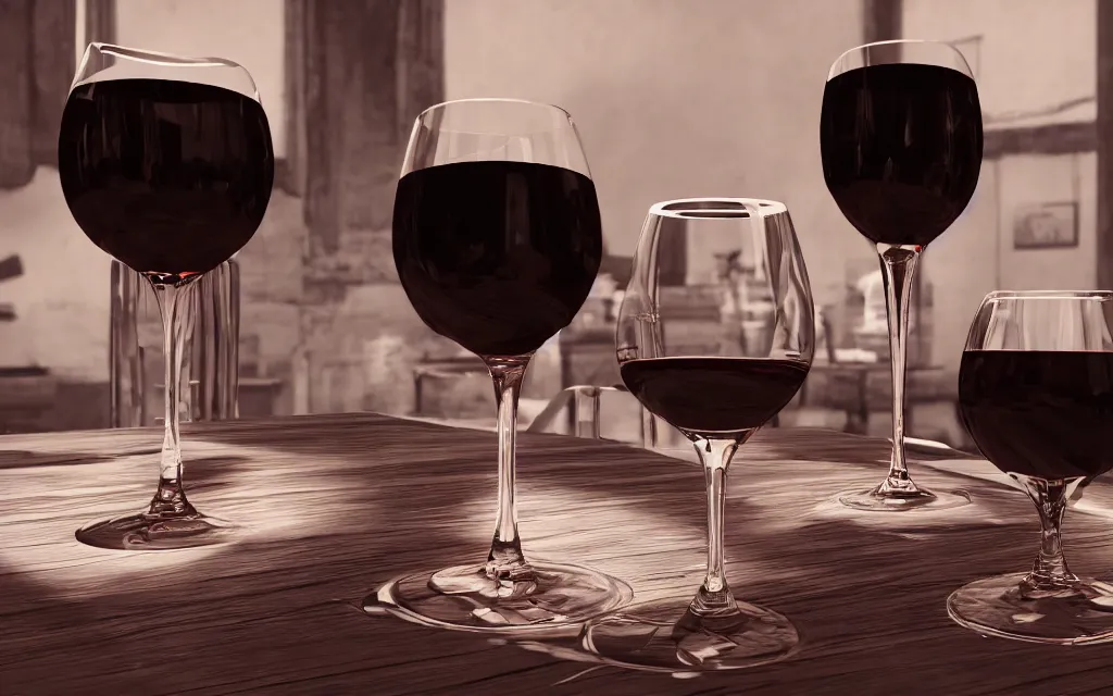 Prompt: A couple glasses on the table, filled with red wine. Light diffusion demo in Unreal Engine 6. 4K HD Wallpaper. Premium Prints Available
