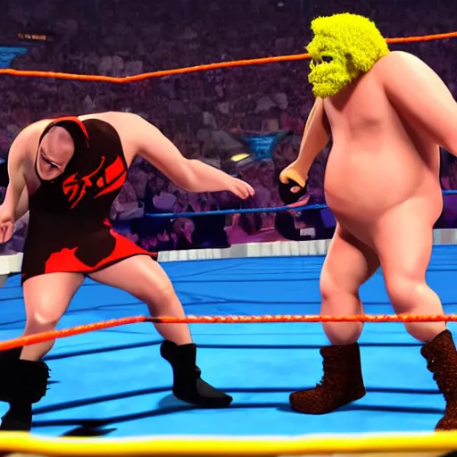 Image similar to a among us character faces off against a fall guys character in a wwe match.