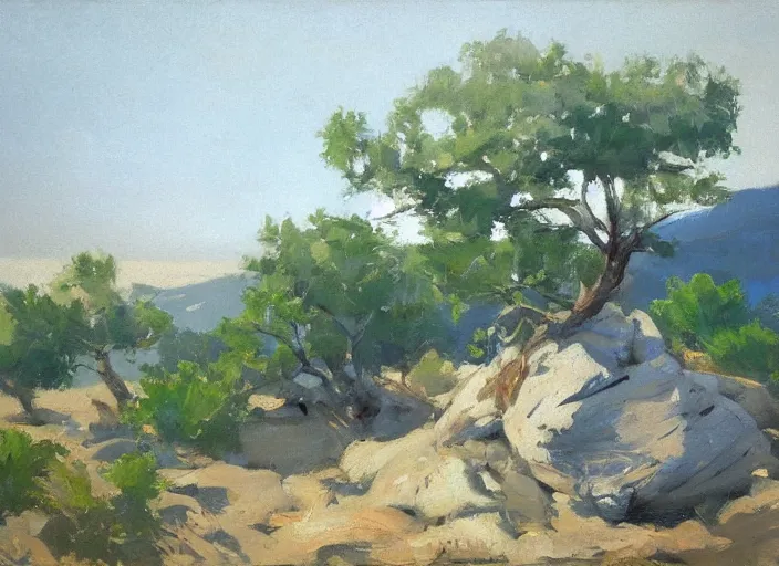 Prompt: some trees and rocks by ilya ostroukhov and gregory manchess, deviantart, figurative art, oil on canvas, impressionism, painterly