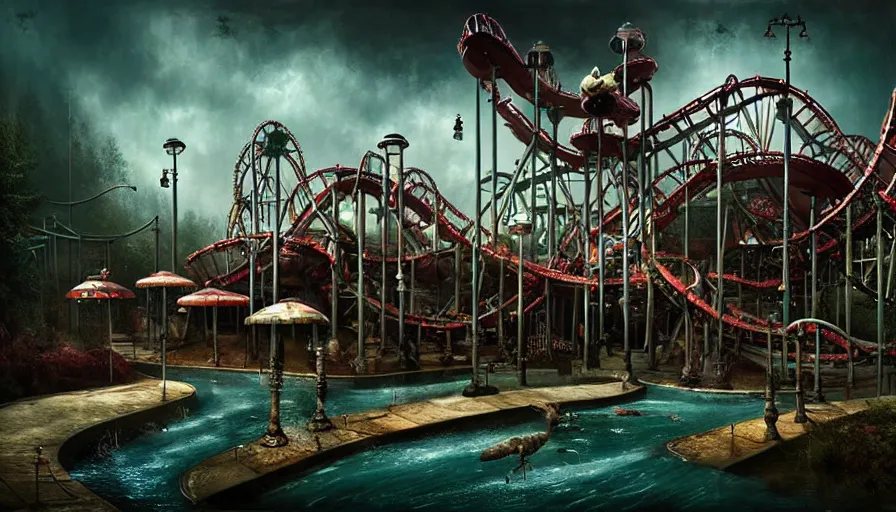 Image similar to michal karcz grunge painting of an amusement park, monster and horror theme. Monster-themed Water Coaster ride, detailed, elegant, intricate, 4k,