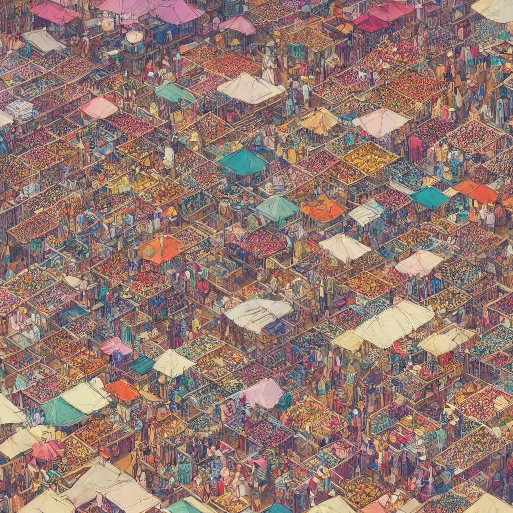 Image similar to isometric view illustration of a Souk in Marrakesh, highly detailed mid day by Victo Ngai