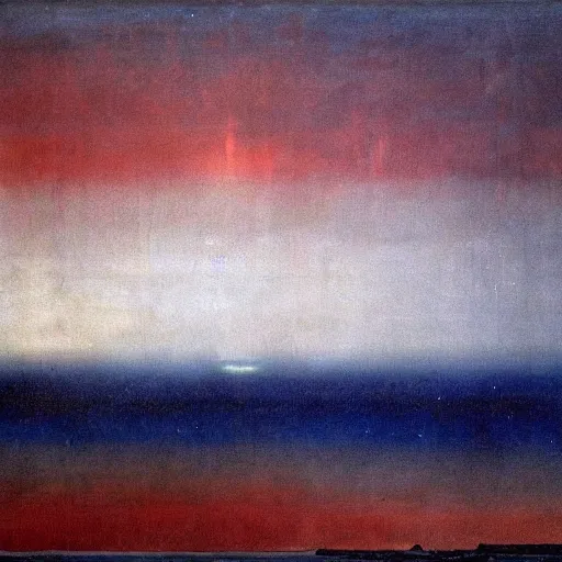 Image similar to the epic abstract painting'blue arctic void with black and red aurora borealis above a tiny inuit village ', by caspar david friedrich!!!, by rothko!!!, stunning masterpiece, trending on artstation