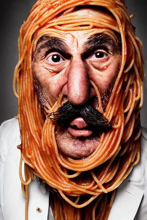 Prompt: extremely detailed portrait of old italian cook, spaghetti mustache, slurping spaghetti, spaghetti in the nostrils, spaghetti hair, spaghetti beard, huge surprised eyes, shocked expression, scarf made from spaghetti, full frame, award winning photo by jimmy nelson