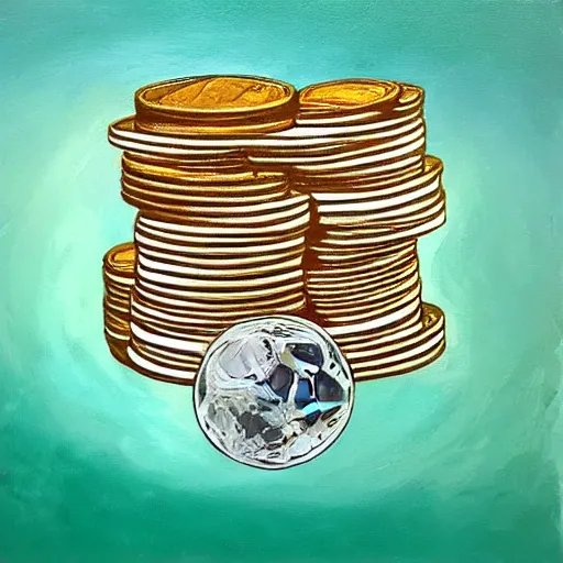 Image similar to a painting of a giant stack of coins heading towards the moon