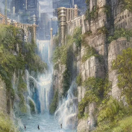 Image similar to waterfall city by james gurney