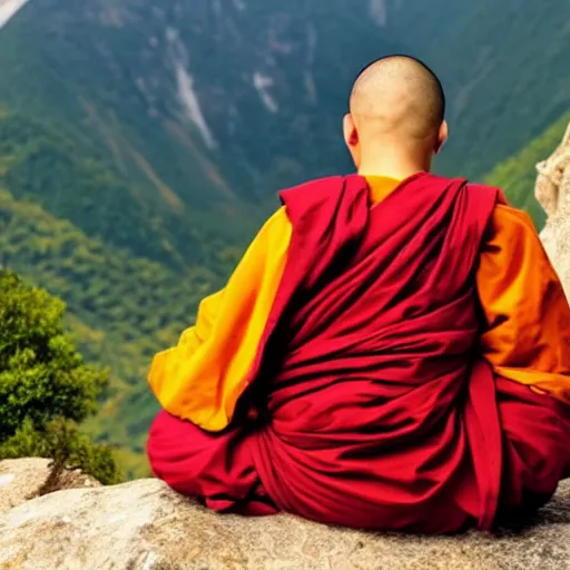 Prompt: a monk meditating on a tall mountain peak, beautiful background
