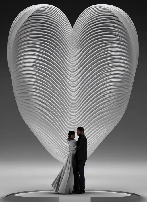 Image similar to perfectly centered symmetrical balanced male and female portrait of man and woman in love sharing one heart. art by santiago calatrava and zaha hadid, high coherence ; 3 d render 8 k octane ultra hd