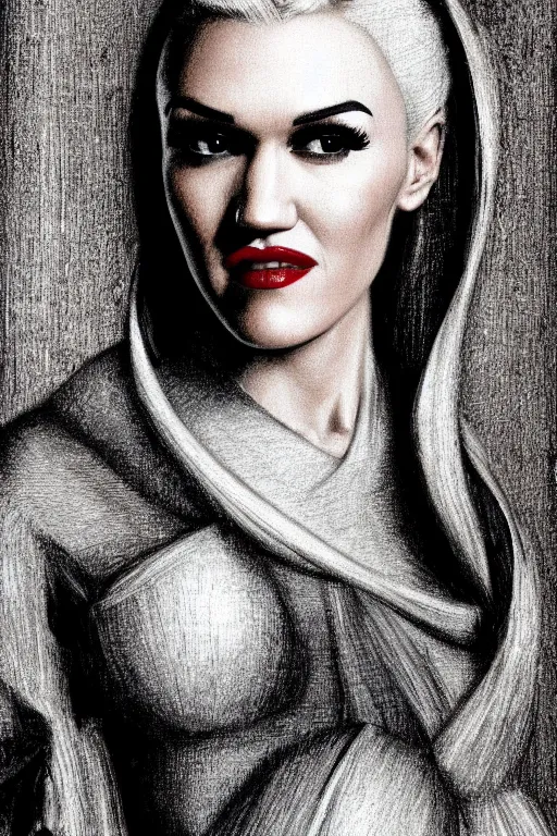 Image similar to a portrait of gwen stefani in the style of leonardo da vinci drawing,, single head, no double head,