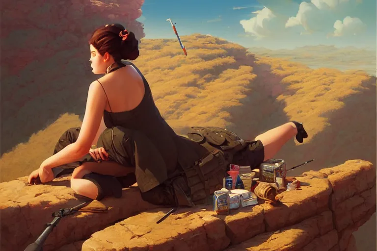 Image similar to a painting of a military woman sitting on a cliff, smoking a cigarette, a character portrait bytom bagshaw, rhads, makoto shinkai, lois van baarle, ilya kuvshinov, and rossdraws, global illumination, cg society, fantastic realism, intricate, detailed