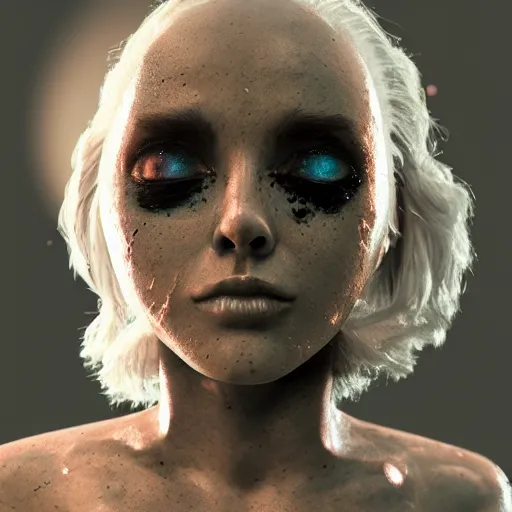 Image similar to a beautiful feminine alien with thick black sludge seeping from her eyes, screaming while being consumed by darkness, iridescent eyes, dreamlike, intricate detail, 3d render, octane render, trending on artstation, 4k, hd