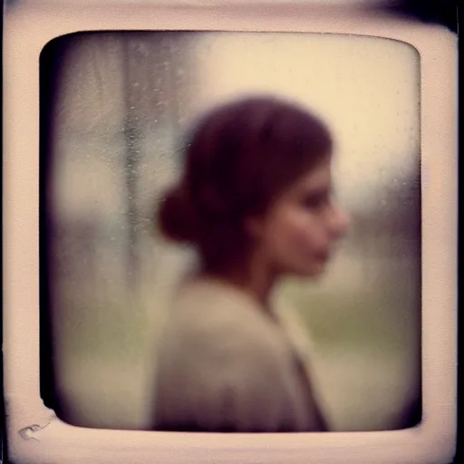 Prompt: weathered old analog polaroid portrait photograph of a beautiful young woman looking out of a rainy window, raining, clouds outside, depth of field, bokeh, filmgrain, azure color bleed