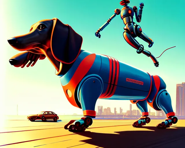 Prompt: dachshund robot, hyper - realistic, gta v cover art, celshading, sharp focus, intricate, detailed, rhads, andreas rocha, makoto shinkai, lois van baarle, ilya kuvshinov, greg rutkowski, dynamic lighting, grunge aesthetic, 4 k