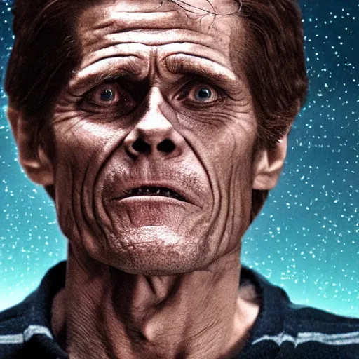 Image similar to willem dafoe face in the night sky, ominous, spooky, cinematic, hyperrealistic