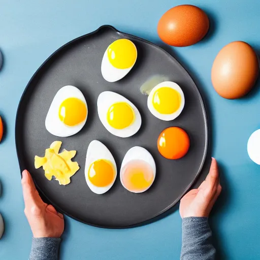 Prompt: an ultra high definition birds eye view photograph of a man typing on fried eggs