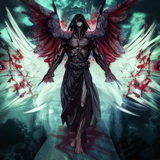 Prompt: 4K headshot of godlike Reaper of Nazareth with defined arms and open hands and bloody clothes with giant mandala wings , intricate face , flawless anime cel animation by Kentaro Miura, psychedelic , highly detailed upper body , professionally post-processed , beautiful, scary, symmetry accurate features, epic, octane rendered, anime masterpiece, accurate by Craig Mullins, ilya kuvshinov, krenz cushart, epic , artgerm trending on artstation by Edward Hopper and Dan Mumford and WLOP and Rutkovsky, beksinski carl spitzweg moebius and tuomas kocar, intricate artwork by caravaggio, Unreal Engine 5, Lumen, Nanite