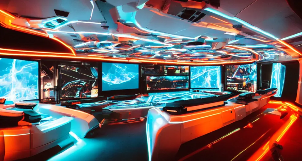 Image similar to Film still of the bridge of a space ship, large viewscreens, control panels, white plastic, black interface, metallic, soft orange and cyan highlights, burning fire, electric sparks, smoke, Cinestill colour cinematography, anamorphic