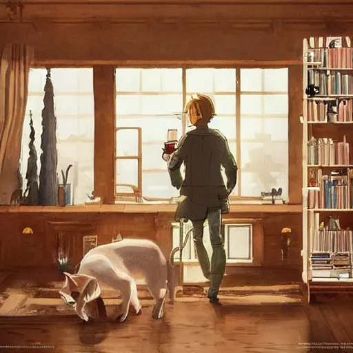 Image similar to ewan mcgregor is having a coffee in a draw room, white cat, huge bookshelf at the background, fireplace, digital art, very detailed, extreme long shot, atmosphere, dramatic lighting, epic composition, wide angle, by miyazaki, nausicaa ghibli, breath of the wild