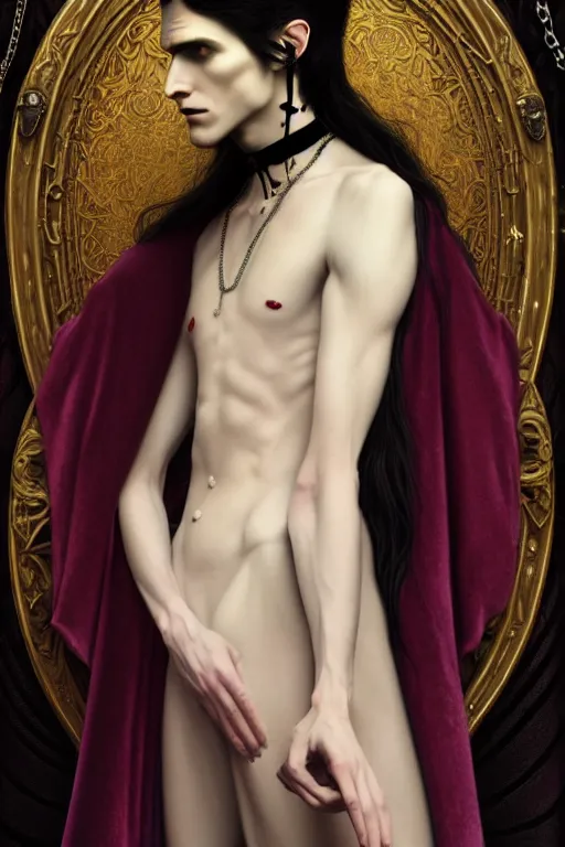 Image similar to a beautiful androgynous man, long hair, tall and thin, vampire, dressed in velvet, wearing several pendants and a choker, illustration, dramatic lighting, soft details, painting oil on canvas, art nouveau, octane render, hdr, 4 k, 8 k, hd, by edmund blair leighton, brom, charlie bowater, faces by otto schmidt