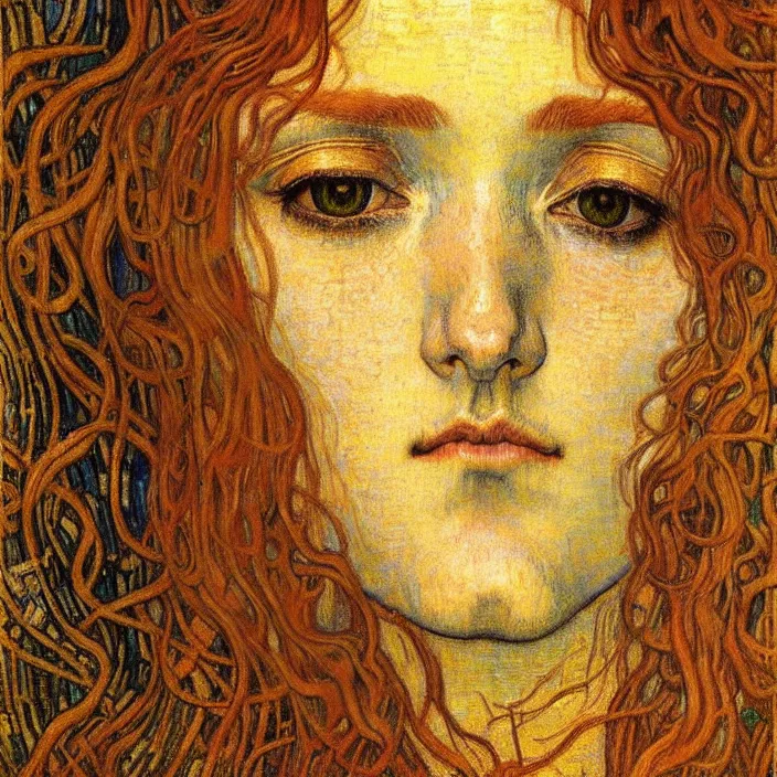 Image similar to detailed realistic beautiful young medieval queen face portrait by jean delville, gustav klimt and vincent van gogh, art nouveau, symbolist, visionary, gothic, pre - raphaelite, muted earthy colors, desaturated