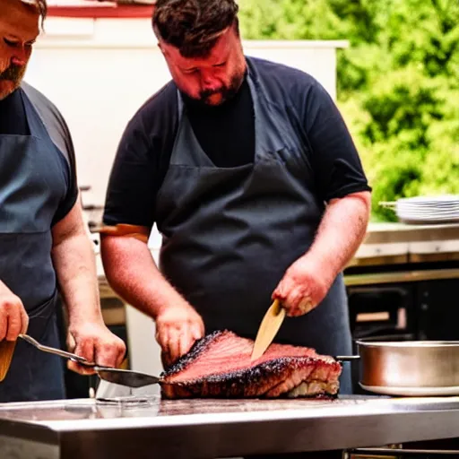 Image similar to rick and porky cooking a brisket, filmic, cinematographic