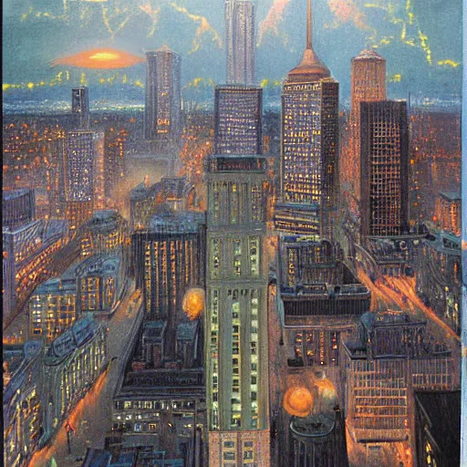 Prompt: photorealistc full - color painting of a nightmarish boston downtown skyline in 1 9 2 5 at night with a horrifying sky, aerial view, dark, brooding, night, atmospheric, horror, cosmic, ultra - realistic, smooth, highly detailed by dave dorman