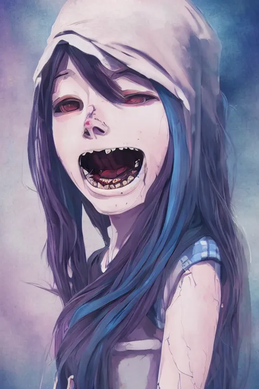 Prompt: urban school zombie girl in tattered clothes screaming fanart ,dark blue long hair, muted colors, matte print, pastel colors, ornate, digital art, cute smile, digital painting, fan art, elegant, pixiv, by Ilya Kuvshinov, by Studio Ghibli