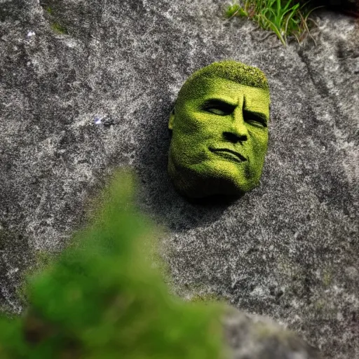 Image similar to a grey mossy rock with the face of dwayne johnson, shot on iphone 1