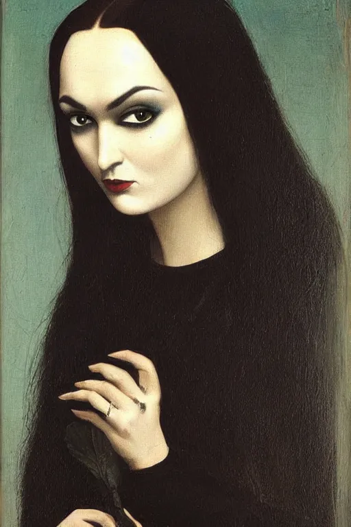 Image similar to beautiful face portrait of sasha grey as morticia addams, oil painting by nicholas hilliard, raphael, sofonisba anguissola