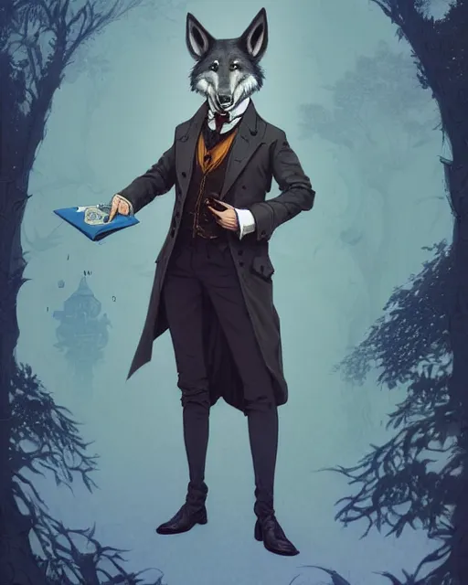 Image similar to anthropomorphic art of a detective wolf, handsome, victorian inspired clothing by artgerm, victo ngai, ryohei hase, artstation. fractal papers and books. highly detailed digital painting, smooth, global illumination, fantasy art by greg rutkowsky, karl spitzweg