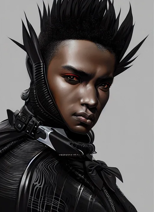 Prompt: portrait of a young black man with a mohawk and all black irises, wearing futuristic techwear highly detailed, digital painting, artstation, concept art, smooth, sharp focus, illustration, art by wlop, uang guangjian and gil elvgren and sachin teng and greg rutkowski