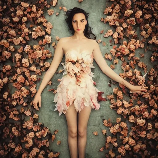 Prompt: full body fine art photo of the beauty gal gadot, she is merging from dried roses, taken by oleg oprisco