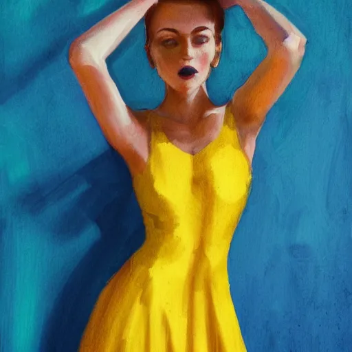 Prompt: a photo of a woman wearing a yellow dress with one leg revealed, detailed body structure, detailed face with pink lips and blue eyes, highly detailed, high contrast, beautiful lighting, award winning, trending on art station, 8 k,