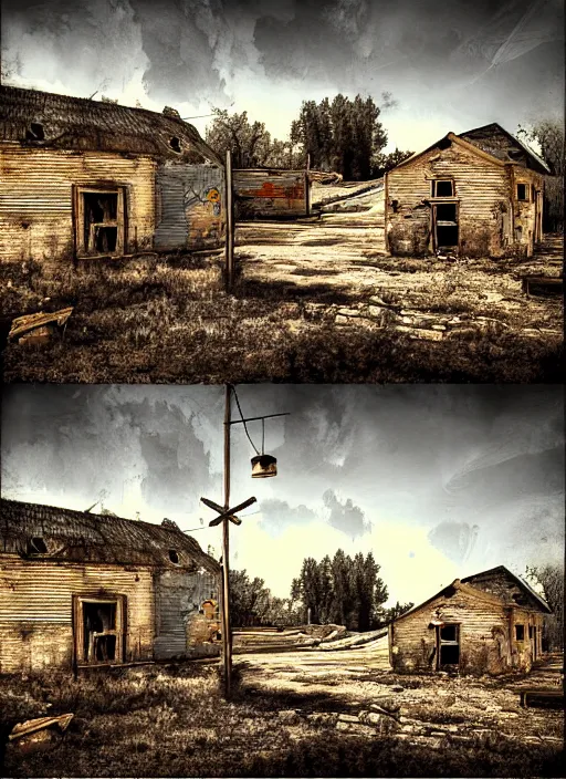 Image similar to abandoned town, one survivor, photorealistic, sunshine, digital painting