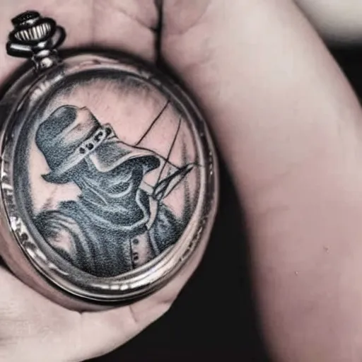 Prompt: photograph of a tatoo showing an etching of a plague doctor side shot looking at a very old pocket watch in the palm of his hand