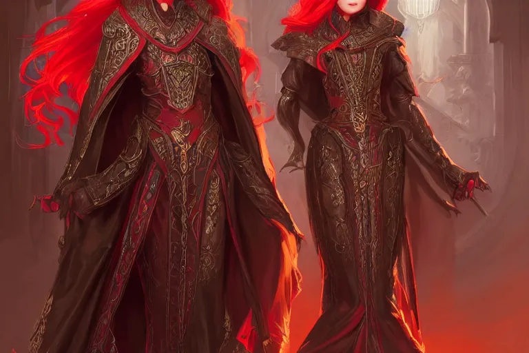 Image similar to female archmage, academy headmaster, long red hair, black and red ornate!!! dress,, d & d, castle hallway background highly detailed, digital painting, artstation, concept art, sharp focus, illustration, cinematic lighting, art by artgerm and greg rutkowski and alphonse mucha