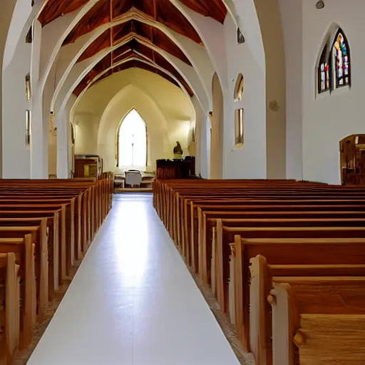 Image similar to a Church interior with white walls and wood floor