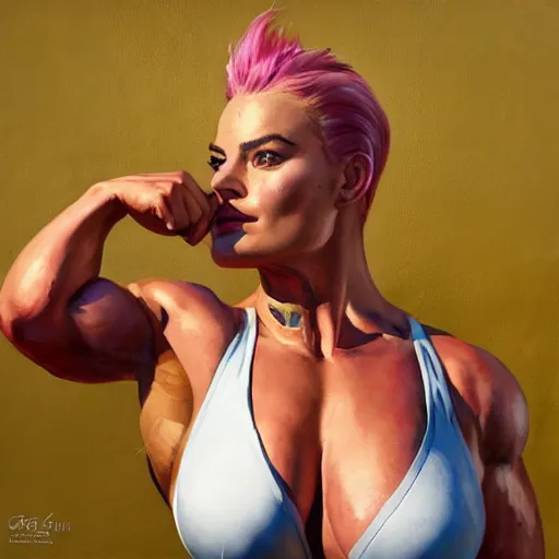 Image similar to greg manchess portrait of margot robbie as thick female bodybuilder zarya from overwatch in disco elysium, 9 6 9, epic grimdark, fantasy, medium shot, asymmetrical, profile picture, organic painting, sunny day, matte painting, bold shapes, hard edges, street art, trending on artstation, by huang guangjian and gil elvgren and sachin teng