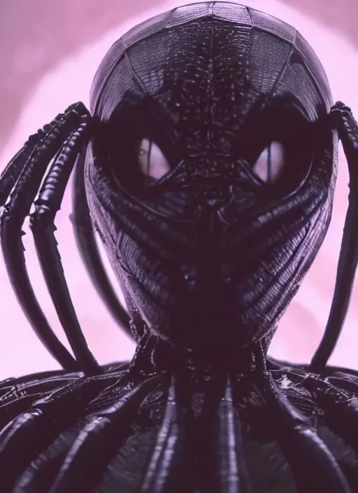 Image similar to film still of kim kardashian, alien spider over her face as she struggles, spider webbed body, scary, cinematic full shot, full body pov, 4k.