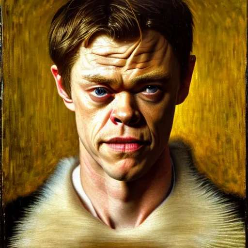 Prompt: portrait of the son of chris hemsworth willem dafoe steve buscemi, dane dehaan, oil painting by jan van eyck, northern renaissance art, oil on canvas, wet - on - wet technique, realistic, expressive emotions, intricate textures, illusionistic detail