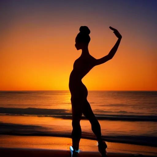 Image similar to a silhouette of a beautiful ballet dancer on a beach at sunrise, cinematic angle, studio Ghibli, volumetric lighting, breathtaking, beautiful composition, intricate, elegant, digital art, detailed, oil painting, hyperrealistic, sharp focus, 8k