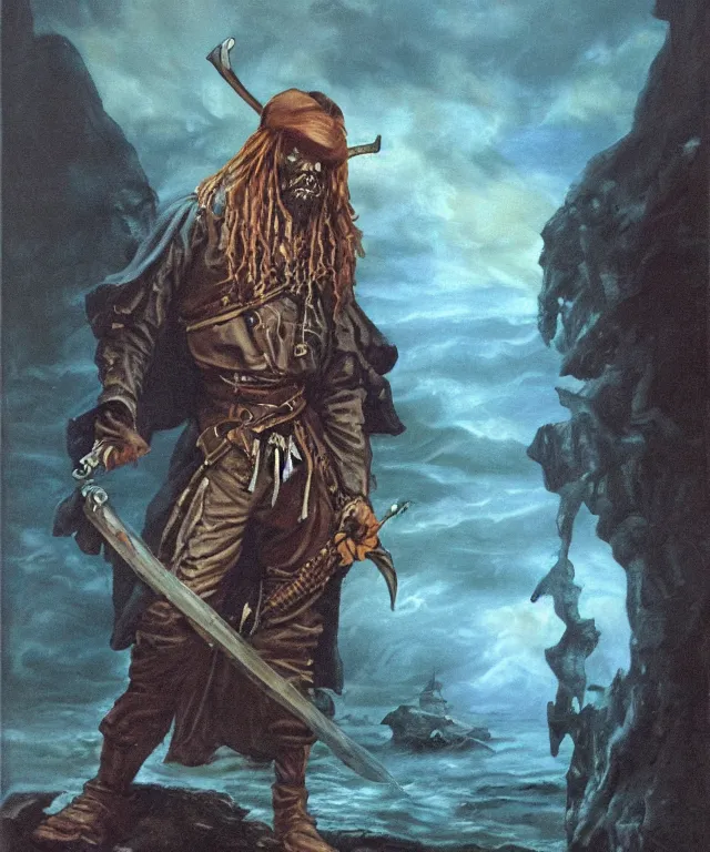 Image similar to ultra realistic color portrait painting of a tranparent 1 7 th century pirate ghost with a sword in a grotto, dark, painted, brooding, atmospheric, seascape, horror, smooth, epic, highly detailed, cinematic, by larry elmore