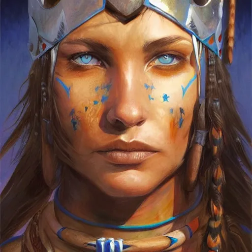 Image similar to painting of a shamanic warrior woman with blue eyes, native american, brown hair, and silver armor by jon foster, trending on artstation