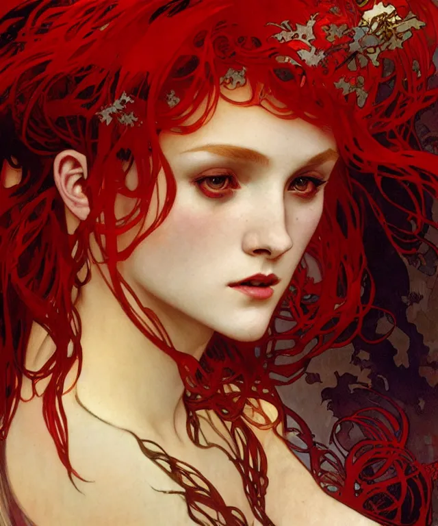 Prompt: a demonic princess with flowing red hair painting by alphonse mucha, greg ruthowski, detailed, henry ascensio, craig mullins, intricate and detailed