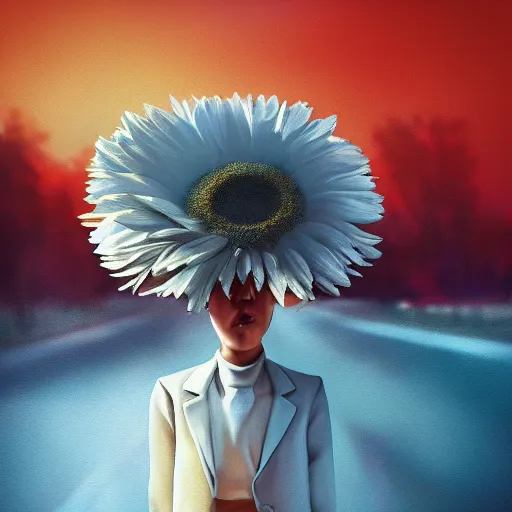 Image similar to giant white daisy flower head, frontal, girl in a suit, standing in street, surreal photography, sunrise, dramatic light, impressionist painting, digital painting, artstation, simon stalenhag