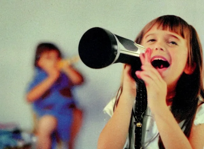 Image similar to A 10-years-old girl singing on the small stage in her room. Home video footage, Color VHS picture quality with mixed noise, Filmed by dad.