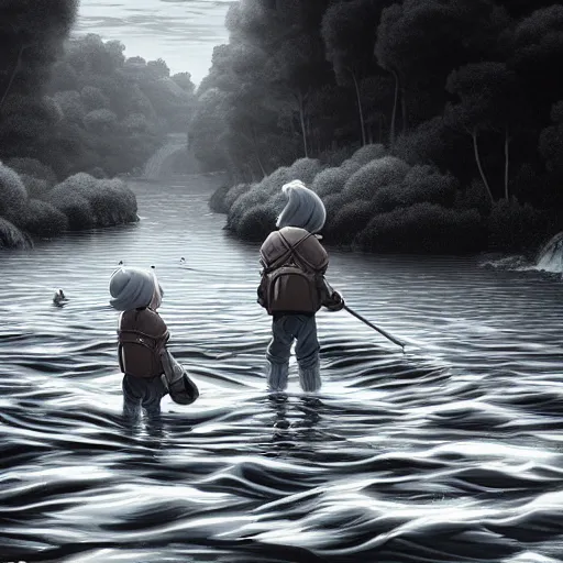 Prompt: character design, twin brothers doing nonsensical stuff in a river or something, in the style of killian eng kawase hasui james jean, artstation trending, 8 k, photorealistic, volumetric lighting caustics, black and white, detailed af