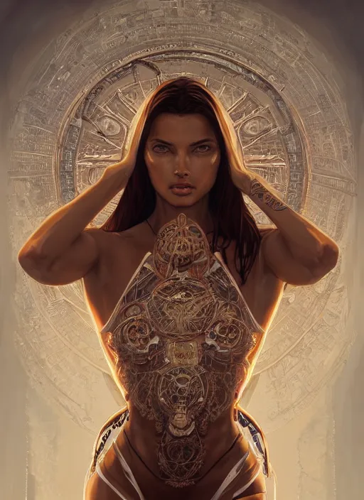 Image similar to symmetry!! adriana lima, machine parts embedded into face, intricate, elegant, highly detailed, digital painting, artstation, concept art, smooth, sharp focus, illustration, art by artgerm and greg rutkowski and alphonse mucha, 8 k