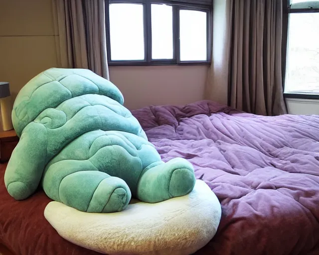 Image similar to bed in the shape of a tardigrade. sleeping on a giant tardigrade plush doll. quilted plush, soft, downy, comfortable. multiple limbs, panarthropoda, water bear!