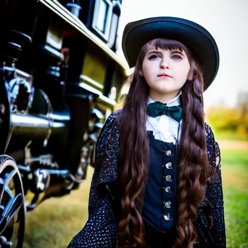 Prompt: a portrait of a beautiful steampunk girl child with long hair wearing a top hat and long sleeve black victorian clothes, by a steam engine train, taken with Sony a7R camera, EOS-1D, f/1.4, ISO 200, 1/160s, 8K, RAW, unedited, symmetrical balance, in-frame