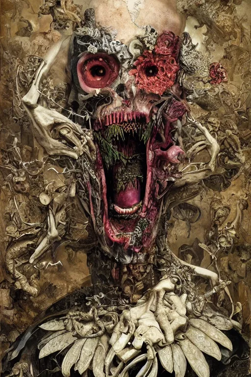 Prompt: Detailed maximalist portrait a with large lips and with large white eyes, angry expression, fleshy skeletal, botany, HD mixed media collage, highly detailed and intricate, Matte painting by Adrian Ghenie, Hans Baldung, Jaroslav Jasnikowski and James Jean, dark art, baroque